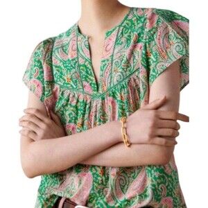 Ba&sh Oxana Blouse Size Large Green Pink Paisley Flutter Preppy Colorful Spring